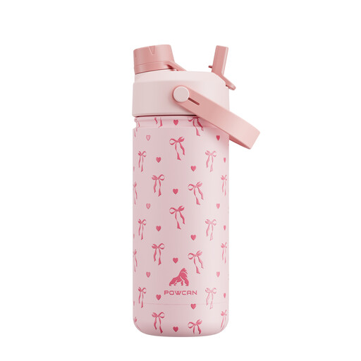 POWCAN by Meoky water bottle with pink bow pattern