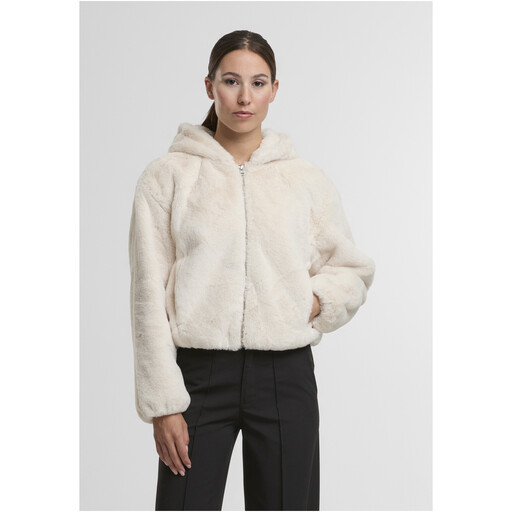 Urban Classics Ladies Full Zip Faux Fur Hoodie in whitesand
