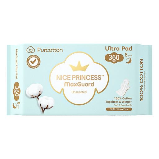 PURCOTTON NICE PRINCESS MaxGuard Series Sanitary Pads 360mm, 8 Count