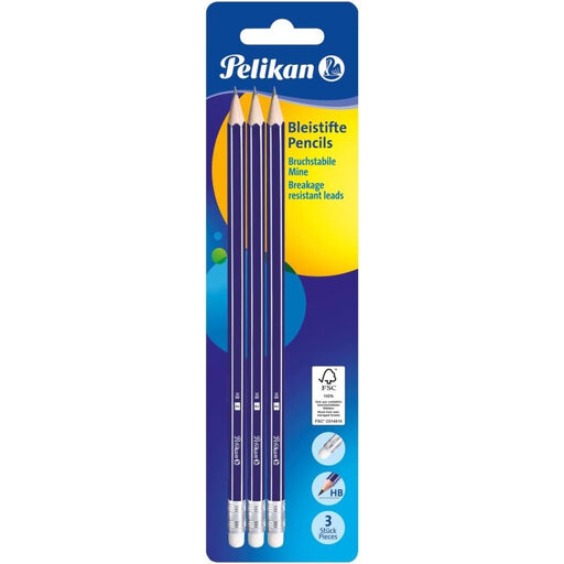 Pelikan HB Hexagonal Pencils with Eraser 3-Pack Blue