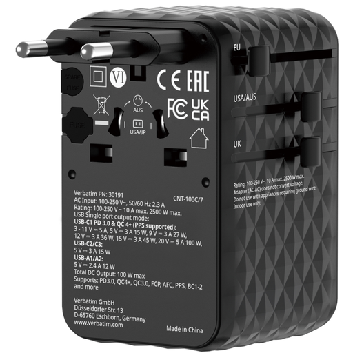 Verbatim Charge 'n' Travel 100W Universal Travel Adapter
