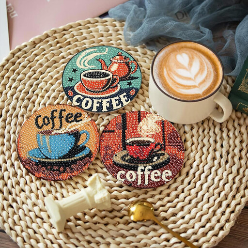 JU7CER Kit de Sous-Verres Diamond Painting Café - 8 Pièces Carrées avec Support