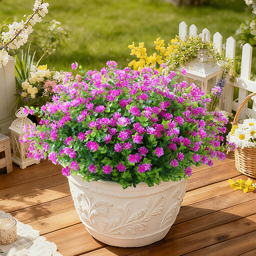 Lot de 8 bouquets de fleurs artificielles de 35 cm, résistantes à la décoloration, imitation buis en plastique pour jardin, patio, porche, jardinière (fuchsia)