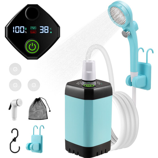 Portable camping shower with battery and water pump