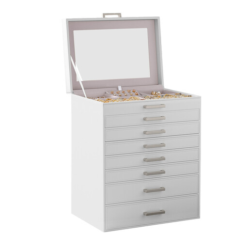 Ochama Large 8-Tier Jewellery Box Organiser with Dedicated Watch Storage Section, Stackable Drawer Design with Clear Glassa Top Displaay, 30.2x21.4x39cm Compact Vertical Footprint, Ideal for Rings, Necklaces, Earrings, Bracelets, Watches, Dresser, Vanity, Closet, White