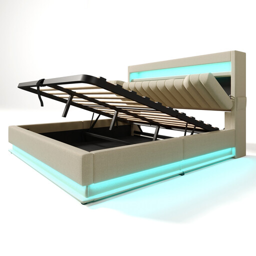 Urban Meuble Hydraulic LED Linen Upholstered Bed Frame with Storage and Charging Station