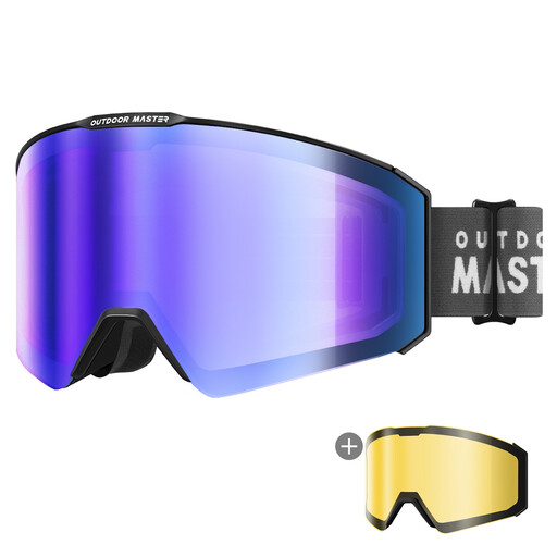 OutdoorMaster Falcon Zeiss Ski Goggles Set Black Frame Uniform ML Blue + Hydro VLT 27% for Adults
