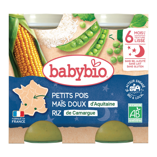 BABYBIO Organic, peas, sweetcorn and rice meal from 6 months, 2 × 200 g