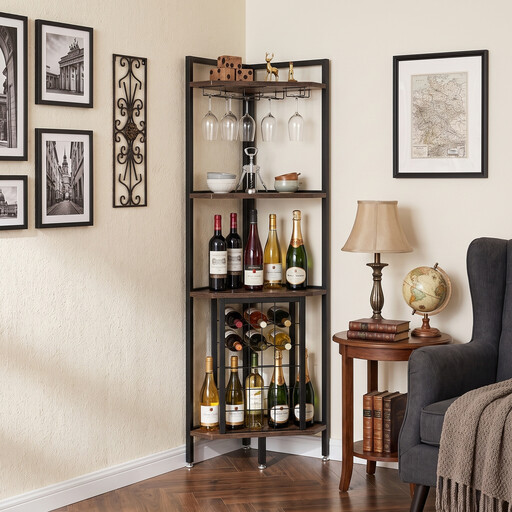 4-Tier Corner Wine Rack with Glass Holder & Storage Shelves