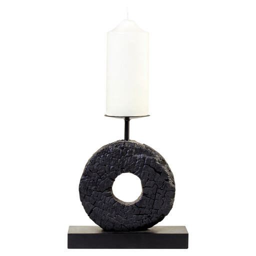 A circular wooden candle holder with a charred texture, held by a black iron stand