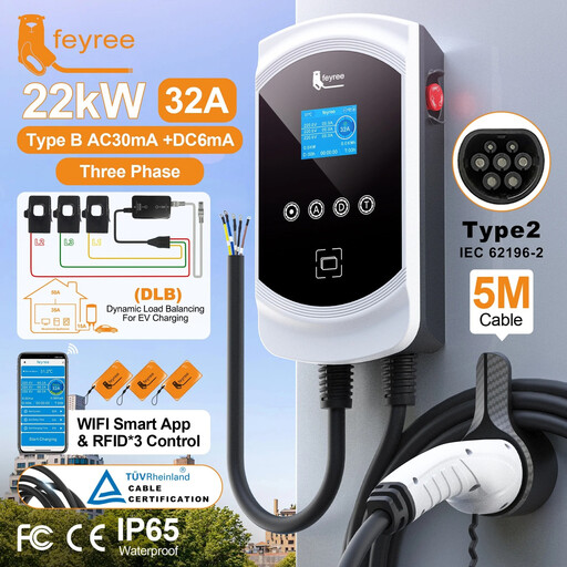 feyree EV Charger Type2 32A 22kW 3P Dynamic Load Balancing Model EVSE Wallbox