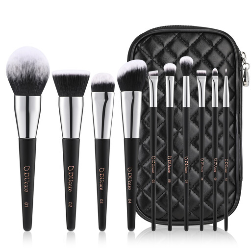 DUcare 10-Piece Black Plaid Zipper Pouch Makeup Brush Set