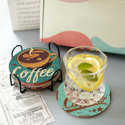 A set of eight diamond painting coasters with coffee-themed designs and a black metal holder