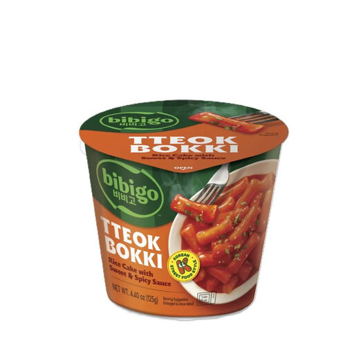 bibigo Tteokbokki Cup Sweet & Spicy in its packaging