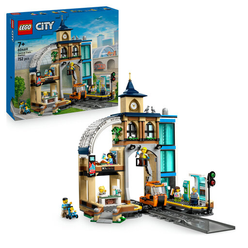 LEGO City 60469 Central Train Station with multiple levels, clock tower, and minifigures