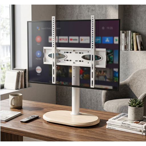 A tabletop TV stand with a white oak base supporting a television on a media unit