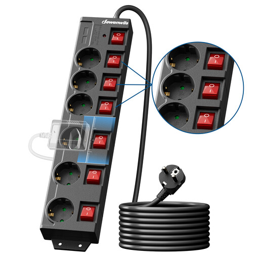 DEWENWILS 6-Outlet Power Strip with Individual Switches, Overload Protection, Child Safety Locks, 90° Angled Outlets, 5 m Cord, Black