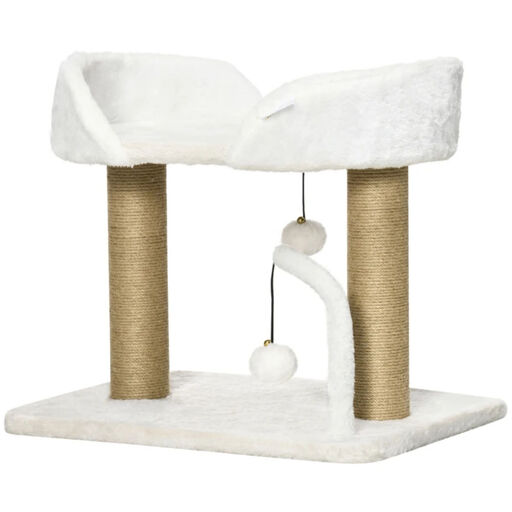 Arbre à chat compact avec plateforme de repos en peluche et deux balles de jeu, 48 × 38 × 42 cm, beige et blanc
