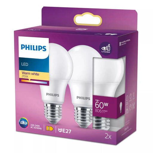 Philips LED 球泡灯 A60 磨砂 E27 暖白光 60W 不可调光 2 只装