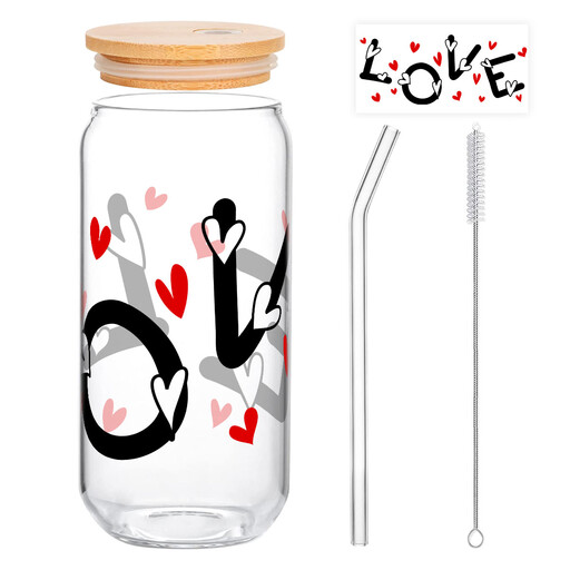 A clear glass tumbler with the word LOVE printed on it, where the O and V are formed by hearts, shown with a bamboo lid and glass straw