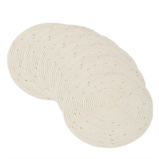 White Label 六件套圆形 38cm 聚酯纤维餐垫 米色 手工编织 可擦拭 闪粉装饰 适合节日派对婚礼