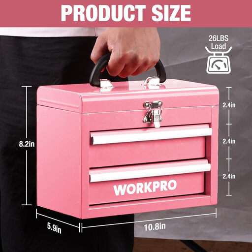 WORKPRO Metal Drawer Box with 2 Drawers & Top Tray, Pink, Portable Organizer