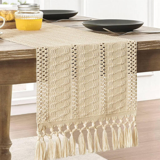 Boho table runner and woven beige placemats