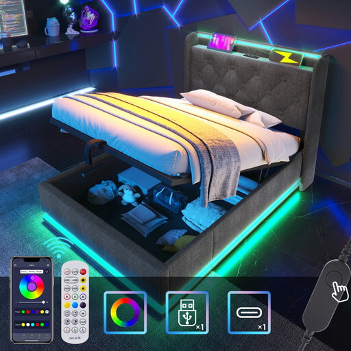 90x200 cm single bed with 360° LED lighting and hydraulic lift-up storage
