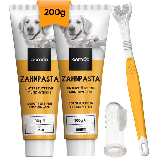 animigo Dog Toothpaste 2x 100g Paste with 3-Headed Toothbrush & Finger Brush, Peppermint, Anti-Plaque & Tartar, Fluoride & Xylitol Free, No Added Sugar for Dogs