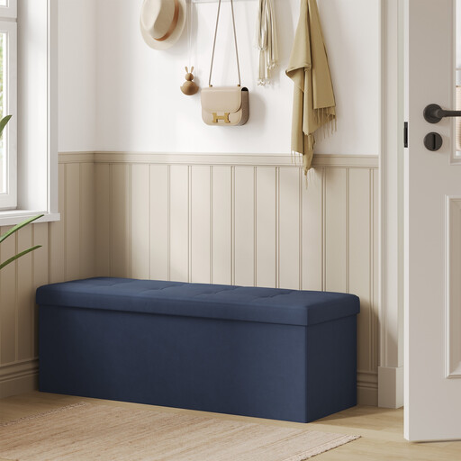 JOYFURNOS Dark Blue Foldable Velvet Storage Ottoman Bench