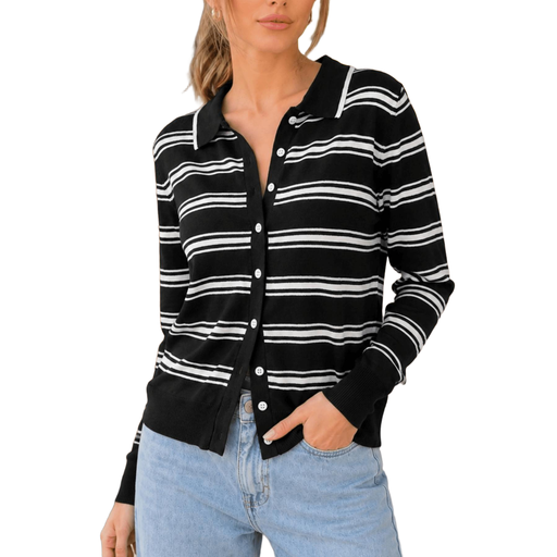 Women’s Striped Collar Knitted Cardigan, Long Sleeve, Black, XXL
