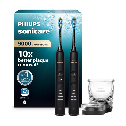 Philips Sonicare DiamondClean 9000 Electric Toothbrush, Sound Power Toothbrush with App, Pressure Control, 4 Brush Modes, 3 Intensity Levels, Charging Glass, Black, 2-Pack, HX9914/54