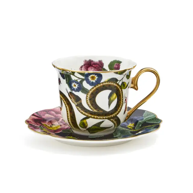 Spode Creatures of Curiosity Fluted Tea Cup and Saucer - Snake/Black
