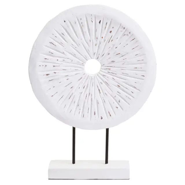 Fidel Distressed White Carved Wood Large Round Sculpture