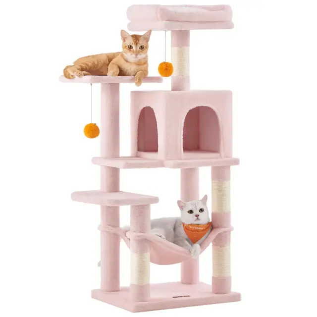 FEANDREA Cat Tree, Multi-Level Plush Cat Condo, 45×35×112cm, Jelly Pink