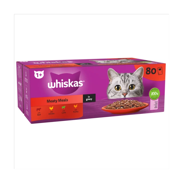 WHISKAS® 1+ Meaty Meals Adult Wet Cat Food Pouches in Gravy 80 x 85g