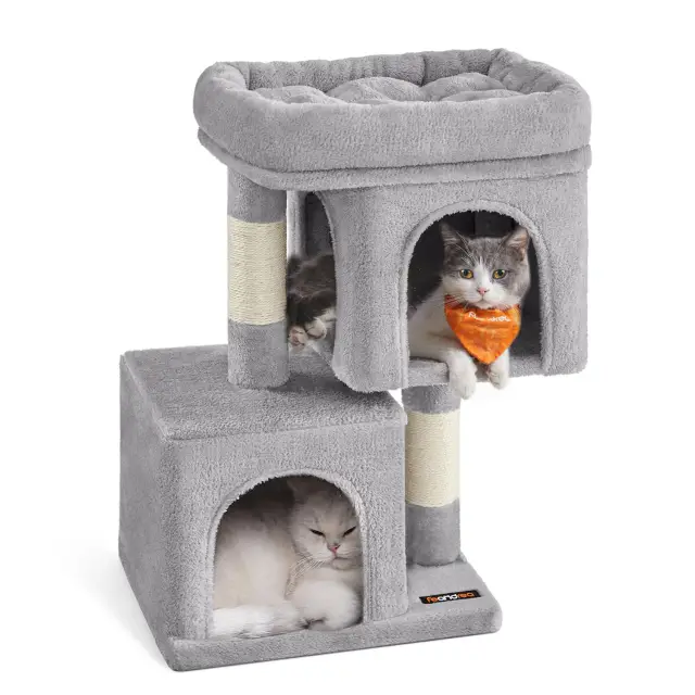 FEANDREA Cat Tree, Condo for Kittens up to 3 kg, 2 Cat Caves, 40×30×65cm, Light Grey