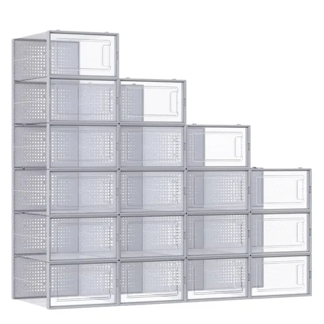 SONGMICS Plastic Shoe Box, 33.5 x 23.2 x 14.3cm, Pack of 18, Transparent and Grey