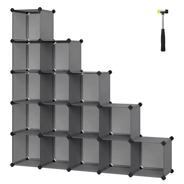 SONGMICS Plastic Cube Storage, 31x123x123cm, 16-Cube, Grey