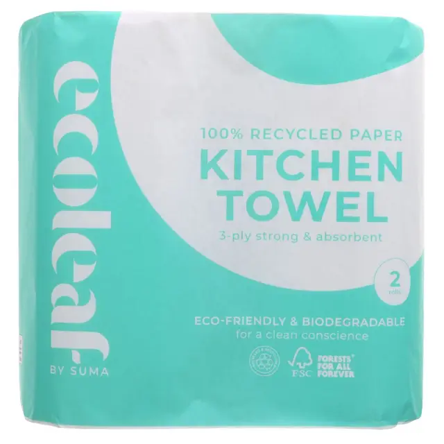 ECOLEAF BY SUMA - Kitchen Towel 3 Ply Twin Pack - 100 Sheet, 3 Ply, Recycled - 2 ROLLS