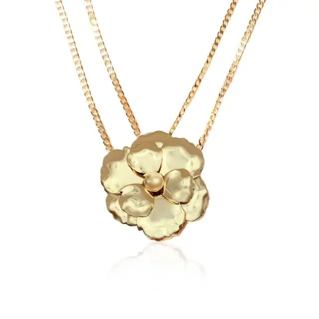 Double Chain and Flower Pendant 18K Gold Plated 65cm Necklace