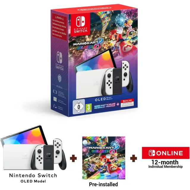 Nintendo Switch OLED Model - Mario Kart 8 Deluxe + 12-Month Online Membership – White