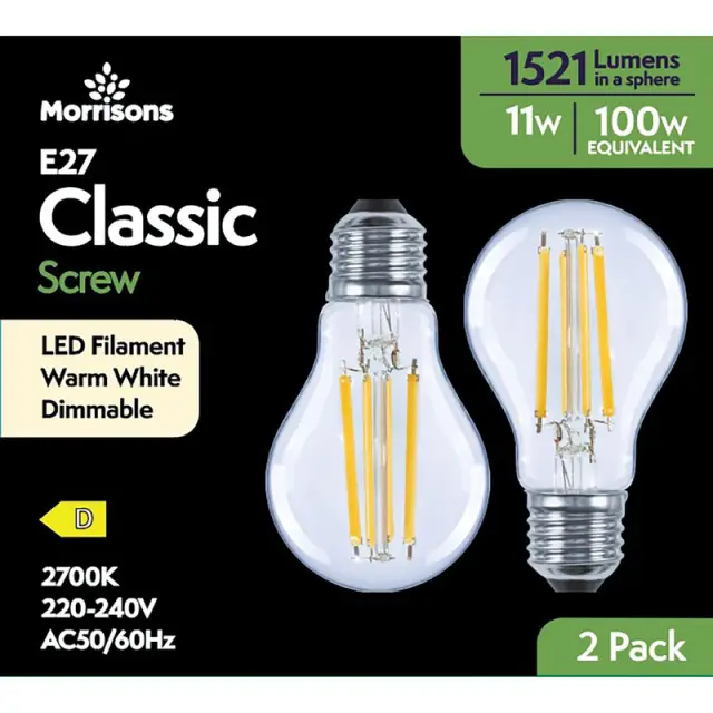 MORRISONS LED FILAMENT GLS 1521 LUMENS ES 11W DIMMABLE 2PK