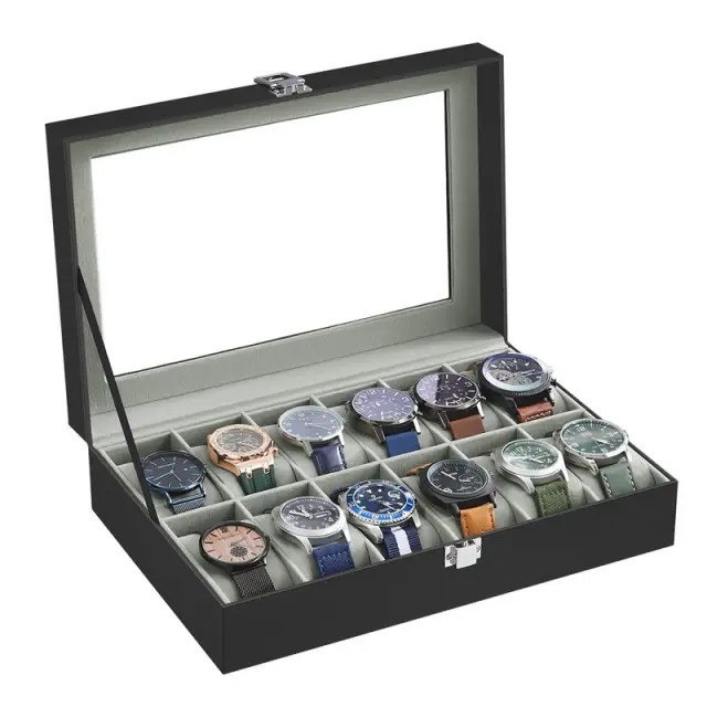 SONGMICS Watch Box, 30.2x20.2x8cm, Black Coating + Grey Lining