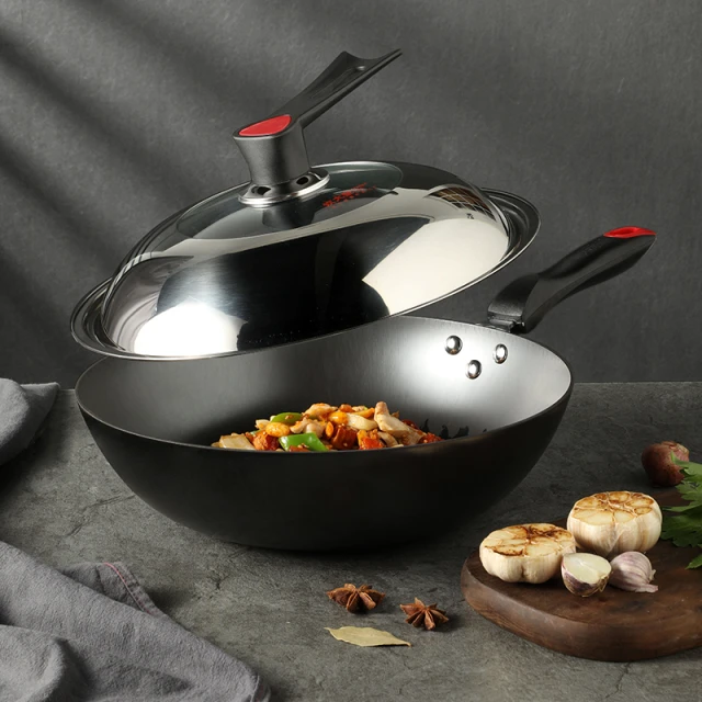 COOKER KING Carbon Steel Wok Pan - with Glass Lid - 30 cm