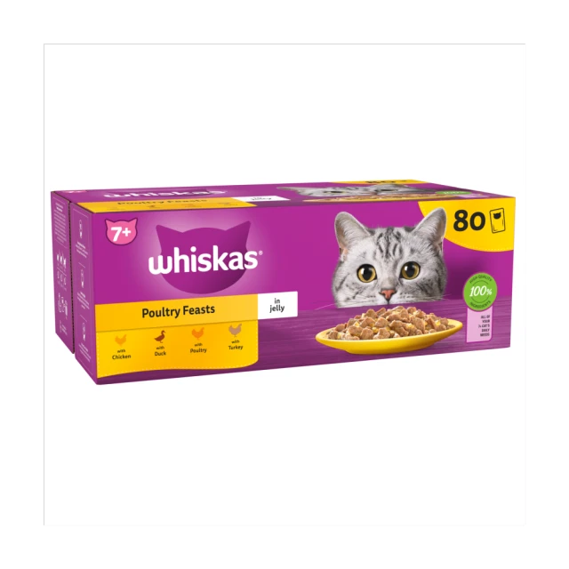 WHISKAS® 7+ Poultry Feasts Senior Wet Cat Food Pouches in Jelly 80 x 85g