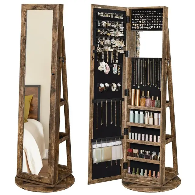 SONGMICS Jewelry Cabinet, 6 LEDs, 360° Swivel, 55x55x162cm, Rustic Brown