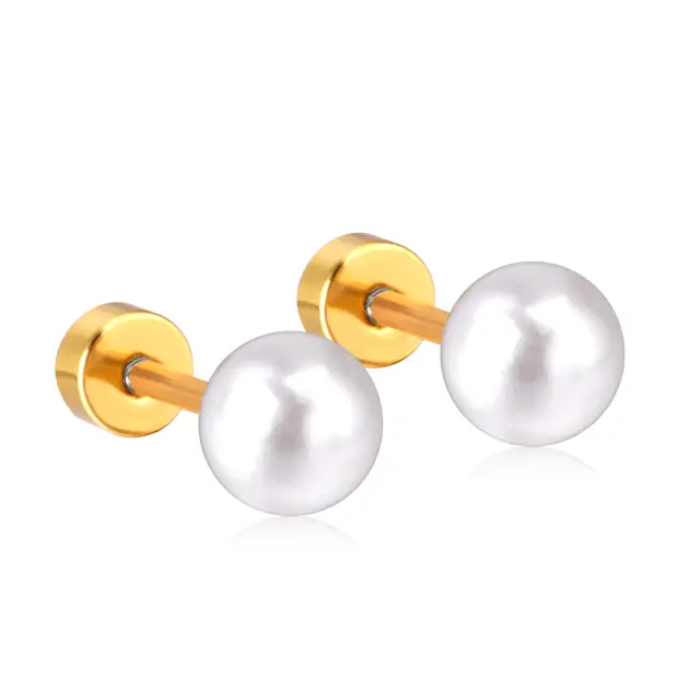 White Pearl Screw Stud Set 18K Gold Plated 5/6mm Pearl Studs