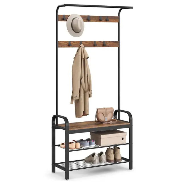 VASAGLE Clothes Horse, 183x84x33.7cm, Coat Stand with Shoe Storage Bench, with 9 Removable Hooks, Industrial, Rustic Brown and Black