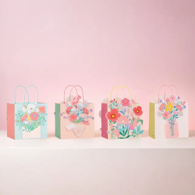 MIKIREI Medium Gift Bag with 3D Making Design - Floral, Pack of 8